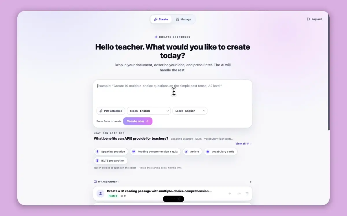 Demo: creating practice from source content, which teachers review before assigning.