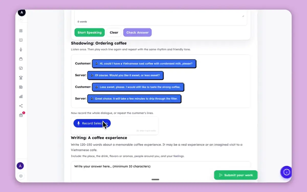 Demo: pronunciation and Shadowing feedback, with the teacher keeping the final decision.